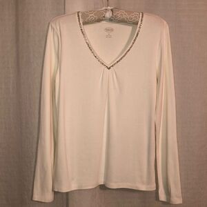 Talbots M Cotton Ivory Pullover Long Sleeve Top Embellished Around V-Neck